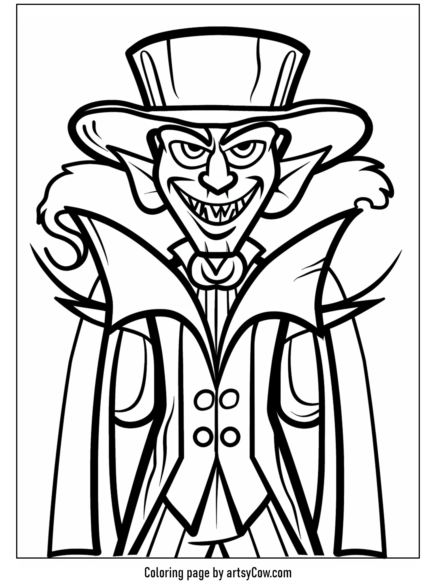 free halloween coloring pages for kids and adults, showing a vampire wearing a top hat and a charming smile.